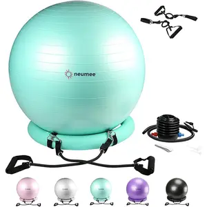65cm Yoga Ball Chair with 2 Resistance Bands, Stability Base for Home Office Yoga Pilates Fitness, Balance Ball for Posture Core Strength & Low Impact Workouts