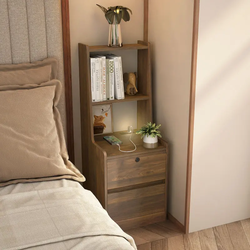 Modern Accent Wood Nightstand with Charging Station, Night Light, Bookshelf, Storage Cabinet - Modern Accent Table for Bedroom