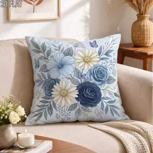 Spring Floral Blue Pillowcase, Light Blue Decorative Pillow Cover, Single Side Print, Suitable for Living Room Bedroom Sofa Bed Decoration