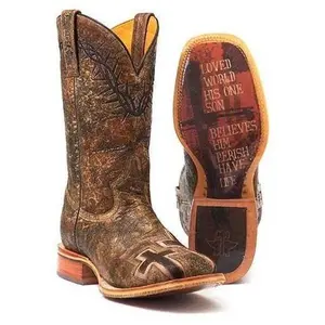 Men's Tin Haul John 3:16 Boots With Bible Verse Sole Handcrafted Brown