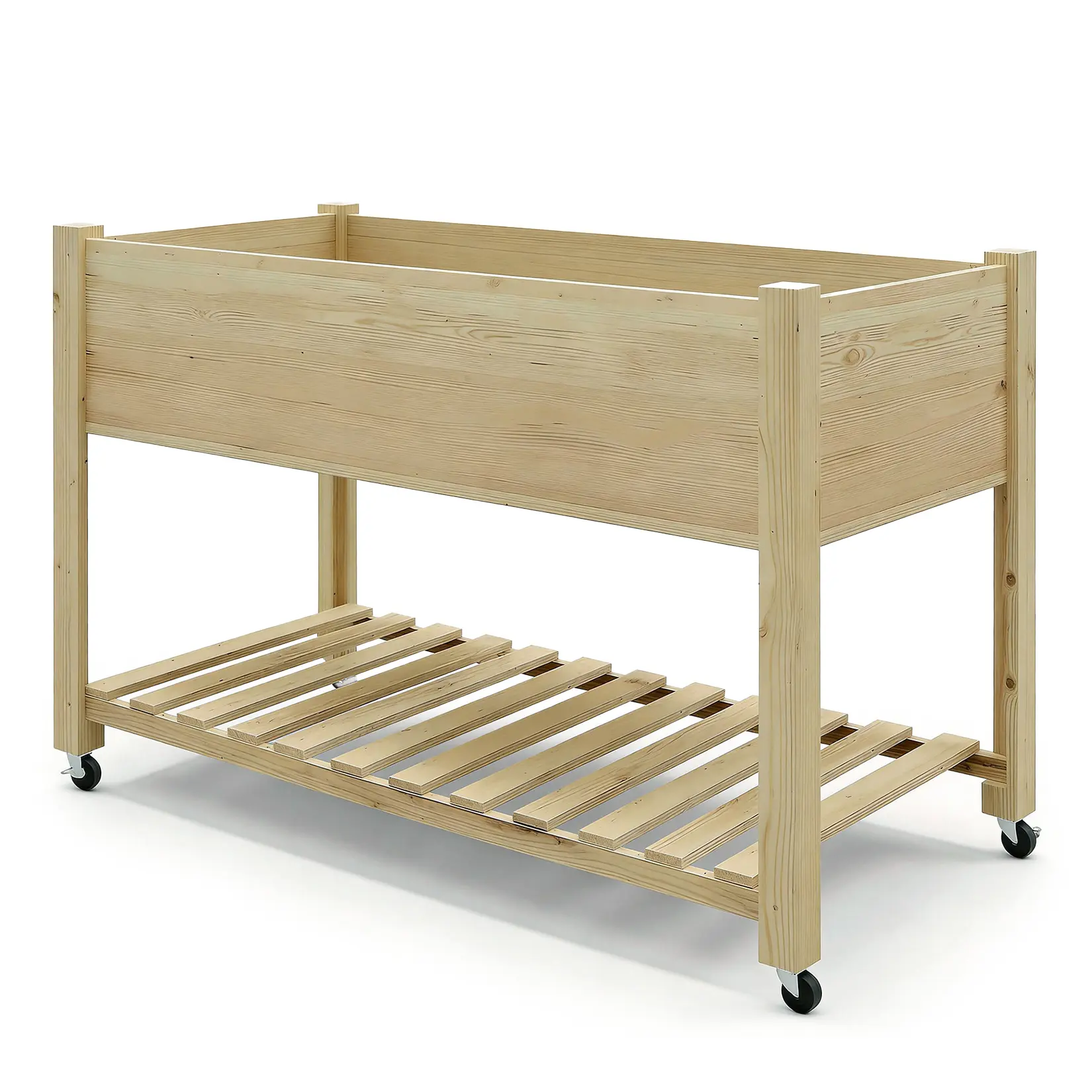 Tall Wood Raised Planter Box with Liner, Lockable Wheels, Storage Shelf - 48x24x32-Inch Mobile Elevated Garden Bed for Easy Gardening, Patio Flower Pots, Raised Planter Box Flower Pots
