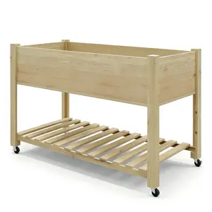 Mobile Elevated Wooden Raised Garden Bed with Lockable Wheels, 48x24x30in Planter Box Equipped with Legs, Storage Shelf & Plant Liner, Sturdy Outdoor Growing Container for Vegetables, Herbs & Flowers, Perfect for Patio and Backyard Planting