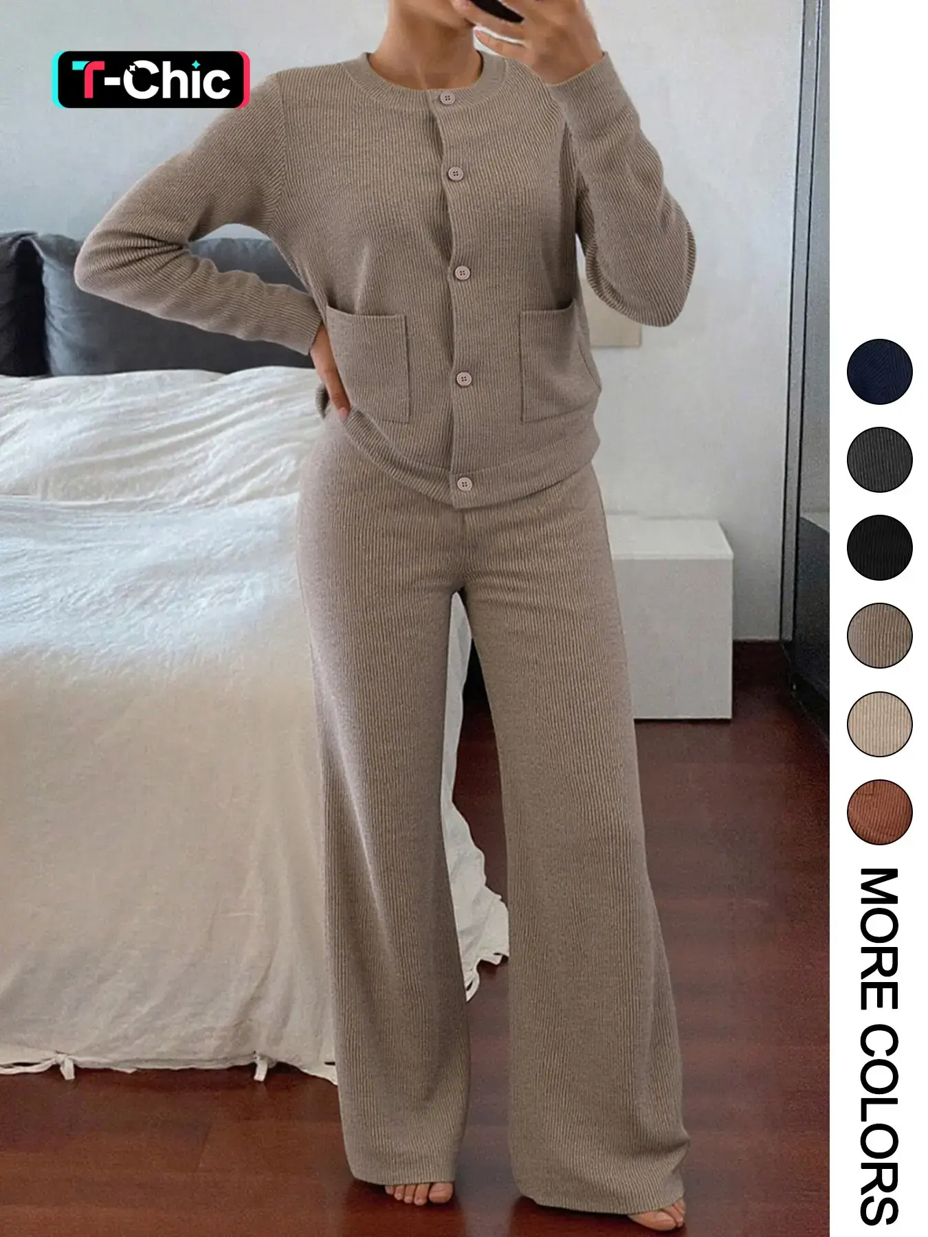 Women's Two-Piece Set, Womenswear Suits Comfortable Casual Fitted Round Neck Long Sleeve Knitted Sweater Set with Pockets, High Waist Versatile Wide Leg Pants, Perfect for Daily Wear