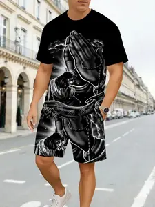 Men's New 3D Digital Print Comfortable Breathable Casual Sporty Sports Set, Athletic Tracksuit Set, Geometric Pattern, Fitted Short Sleeve Tee, Track Shorts, Sportswear Set, Casual Gym Wear, Summer Activewear