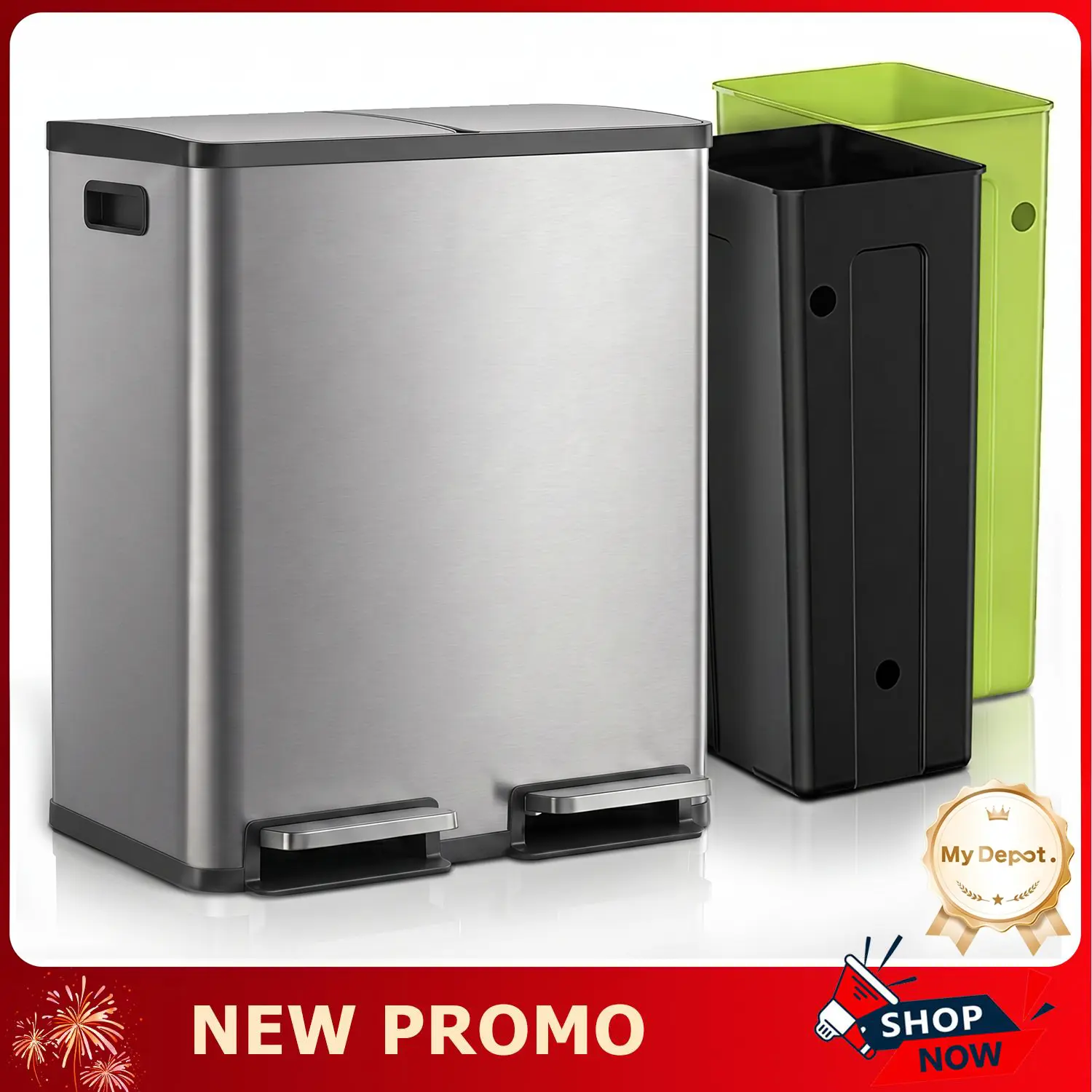 16-Gallon Kitchen Trash Can Dual-Compartment Stainless Steel Garbage Bin with Lid and Step Pedals, Fingerprint-Proof for Home & Office Pedal Rubbish Bin Garbage Storage Containers, Garbage Cans For Kitchen, Kitchen Trashcan