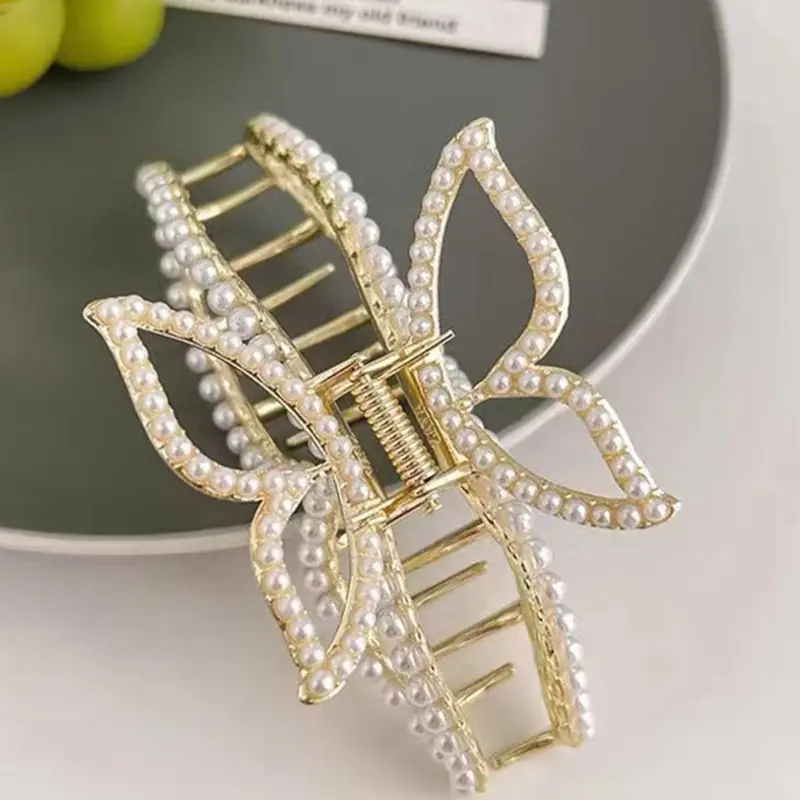Elegant Style Beaded Faux Pearl Decor & Butterfly Design Hair Claw Clip, Butterfly Hair Claw for Women & Girls, Fashion Hair Styling Accessories Perfect, All-match Fashion Accessories for Daily Wear, Decorative Hair Clip, Hairclips