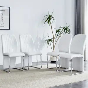 Set of 4 PU Dining Chairs, Modern High Back Kitchen Chairs with Sturdy Metal Legs, Easy Clean White Chairs for Living Room/Restaurant