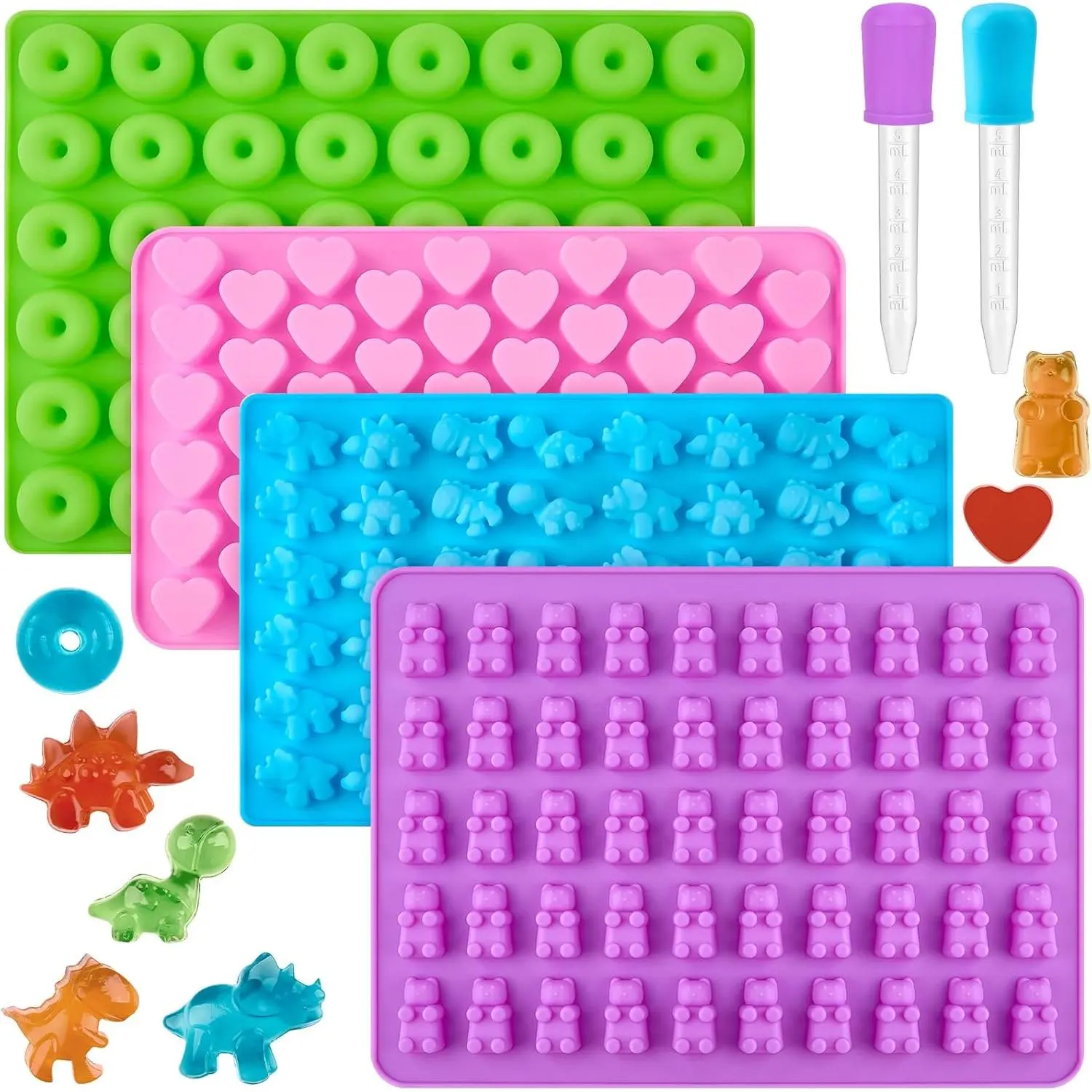 4PCS Gummy Candy Molds Silicone with 2 Droppers Mini Silicone Molds Including Dinosaur, Bear Shape, Hearts and Donut Gummie Chocolate Molds Dessert Food Cute Reusable