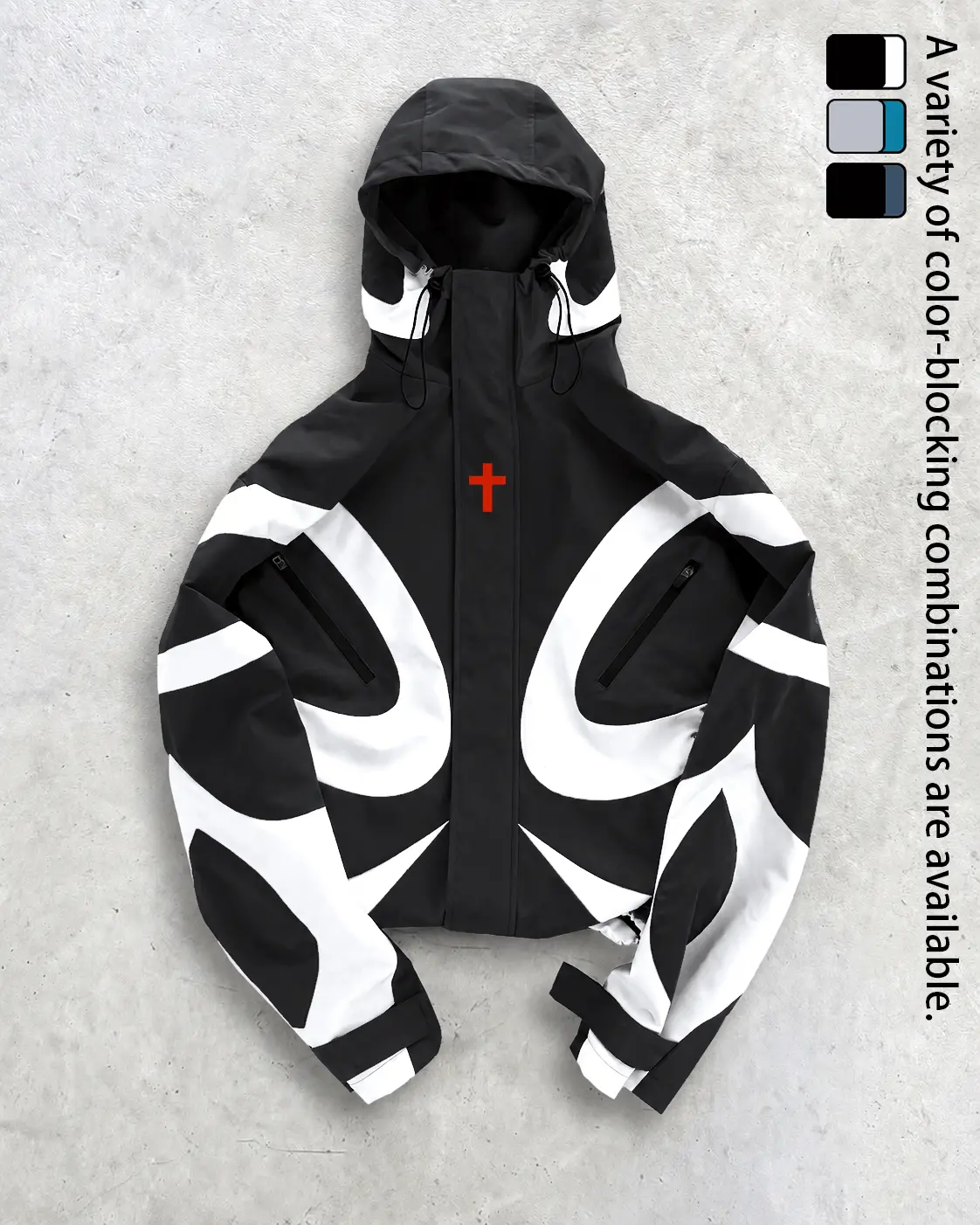 Men's Baggy Cross-Print Hooded Zip-Up Windbreaker Jacket - Textured Woven Fabric, Waterproof, Long-Sleeve, Lightweight, Unisex Fit, All-Season Men's Lightweight Jackets for Biker Streetwear, Work