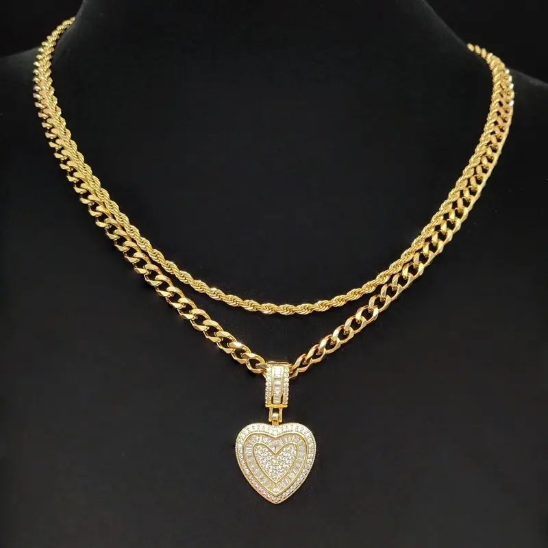 2Pieces/Set  Men or Women Hiphop Love Heart Pendant Necklace Fashion  Vintage Hip Hop Chunky Necklace Is Perfect For Party Or Everyday valentine Gifts Cuban Link Chains Necklace Chunky Chain Jewelry