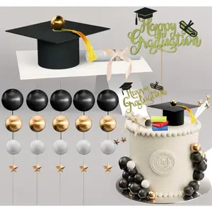 26-Piece Graduation Cake Topper Set for 2026 - Includes Caps, Diploma, Books & More in Black, White, Gold. High School or College Party Decorations for Cakes & Cupcakes