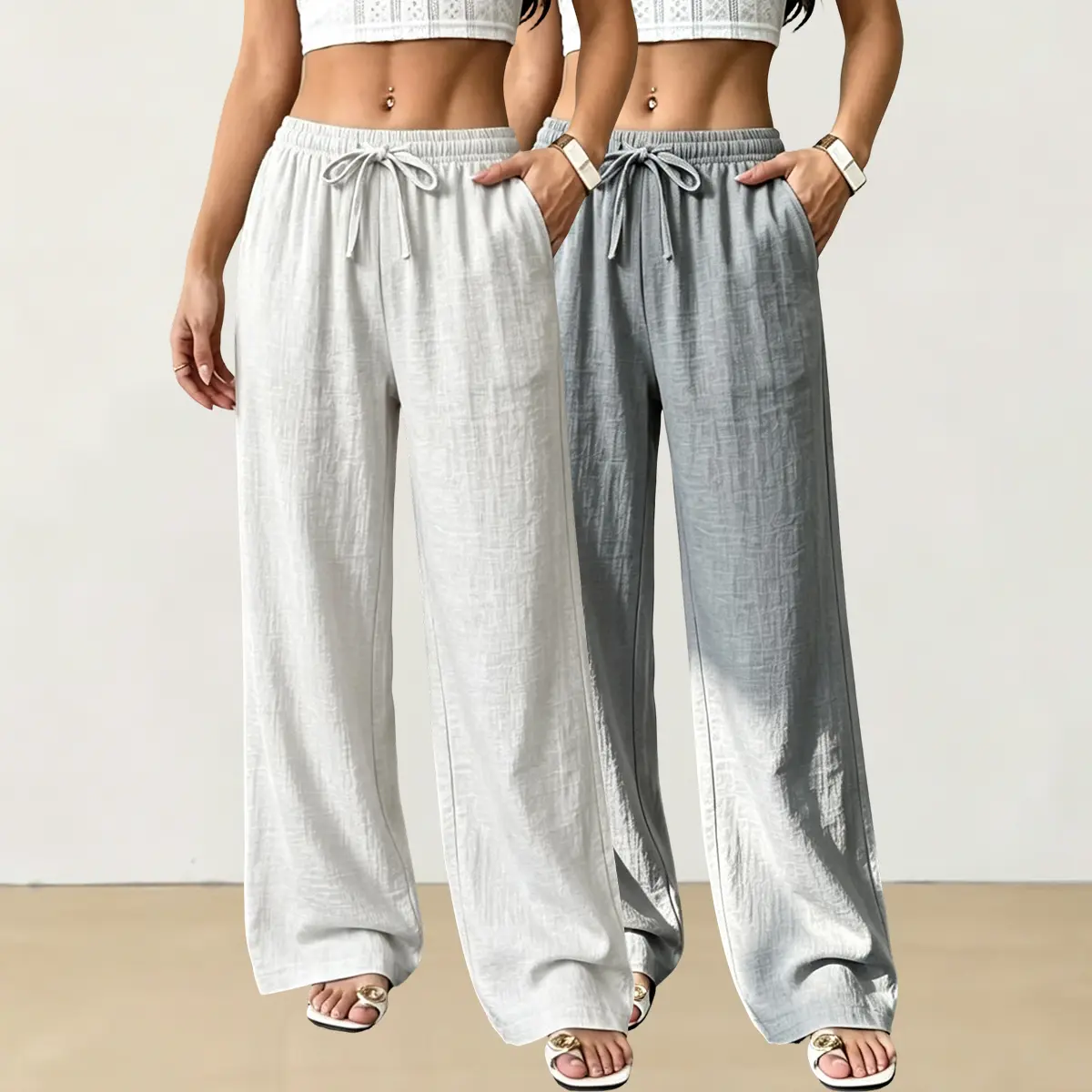 Women’s two-pack cotton-linen long pants, solid color casual trousers made from a comfortable, breathable, lightweight fabric. Suitable for going out, exercise, and running. Machine washable. Ideal for summer and great as a gift for women.