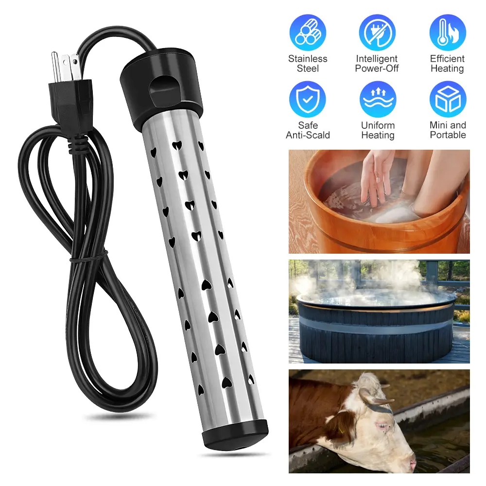 1500W Immersion Water Heater, Stainless Steel Electric Heating Rod with Auto Shut-Off, Portable Bucket Water Heater 110V with Anti-Scald Guard for Bathtub, Bucket & Pool