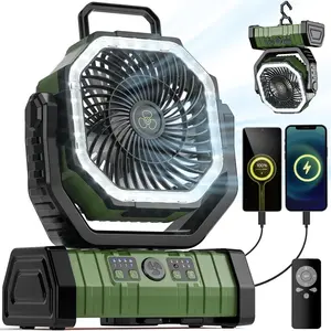 20000mah Rechargeable Camping Fan with LED Light, Portable Outdoor Tent Fan with Hook, 4 Speeds Remote Control, Battery Powered