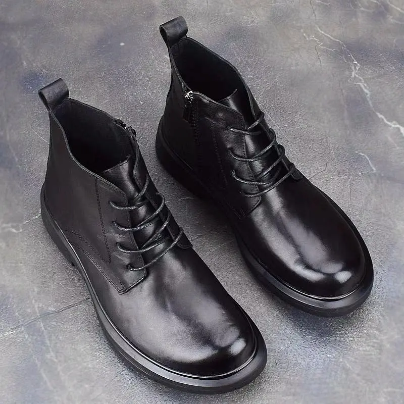 Men's high-top casual motorcycle leather boots, British-style work boots, round-toe business formal men's shoes