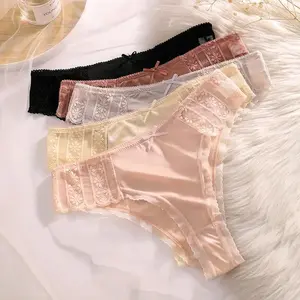 5 Pcs Women's Bow Front Frill Trim Sheer Thong, Soft Breathable Pastel Underwear, Cute Lingerie for Summer Daily Wear