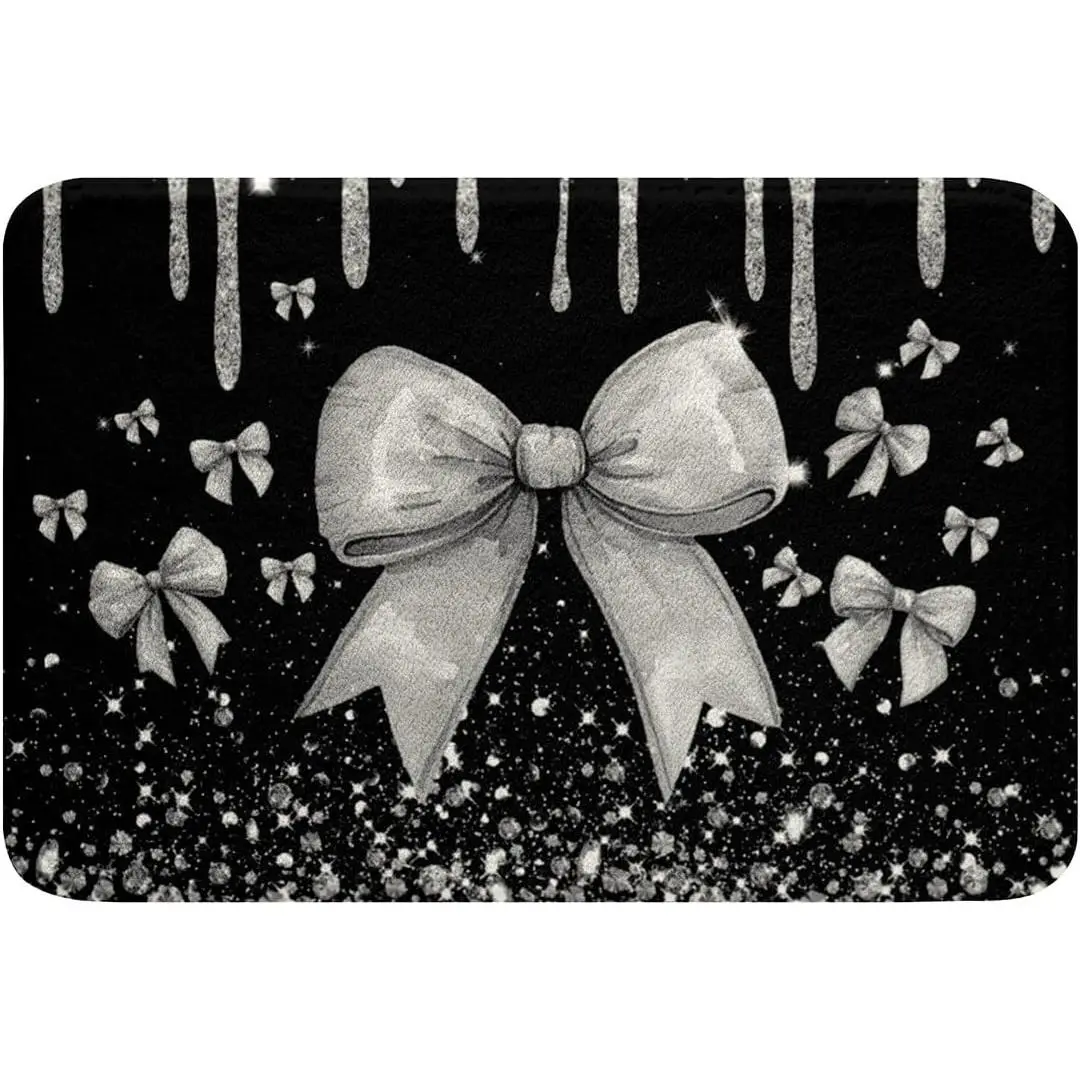 Bow Door Mat Black Bow Bathroom Rug,Cute Diamond Sequins Bow Tie Bath Mat Adults,Watercolor Black Silver Gray Bowknot Bath Rugs Non Slip