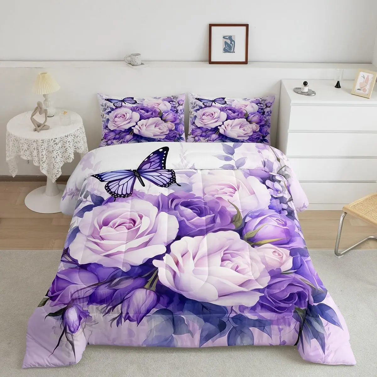 Luxury 3D Floral Butterfly Pattern Purple Rose Super-Soft Designer Bedding Comforter Set - Quilt Bedding Set for Bedroom Home Decor, Bedding Sets