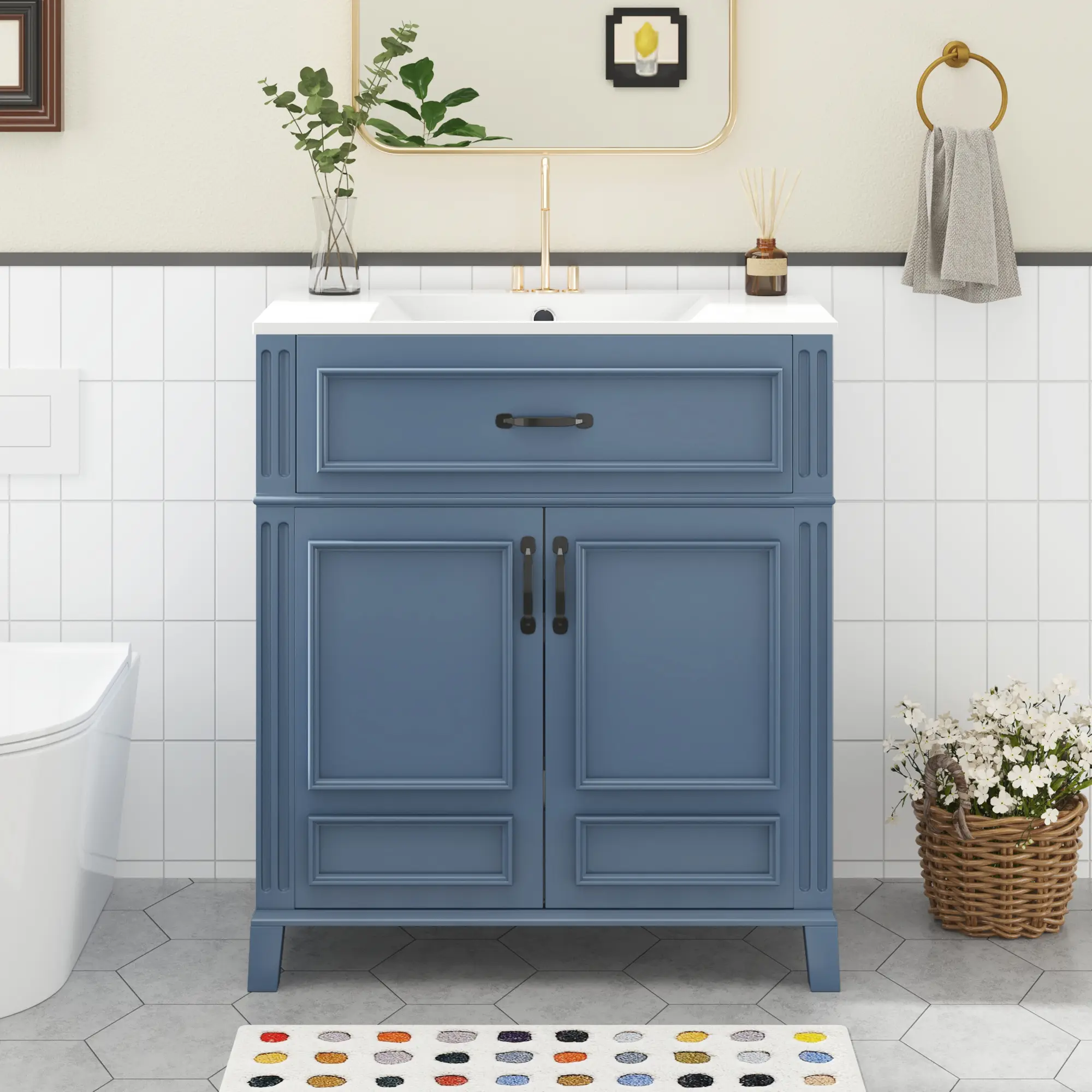 30-in Retro Blue Rectangle Bathroom Vanity (30x18x33.85") - Glossy Ceramic Basin, MDF+Pine Frame, Exquisite Metal Hardware, Soft-Closing Doors, Smooth Drawer Slide, Undermount/Drop-In Compatibility, Storage Cabinet, 90.83lbs, Assembly Required (YYDS Mall)
