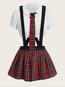 Women's Plaid Crop Top Set, Sexy Cute Uniform Costumes, Short Sleeve Fitted Shirt & Skirt, Bow Tie Included, All Seasons Fashion