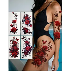 4pcs Temporary Floral Rose Tattoo Stickers, Waterproof Rose & Butterfly Designs, Romantic Fake Tattoos for Valentine's Day, Arm & Leg, Chest & Thigh, Flowers