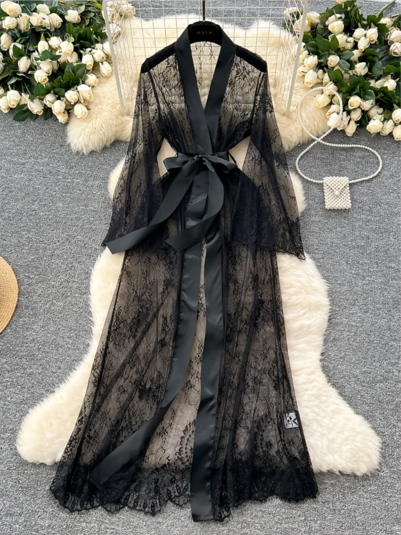 Women's bathrobe with belt, transparent sexy elegance lace lace robe see-through Sheer seductive pajamas sexy robe, everyday, Valentine's Day.sexy Feminine lingerie Loungewear Nightwear Long Sleeves Chic