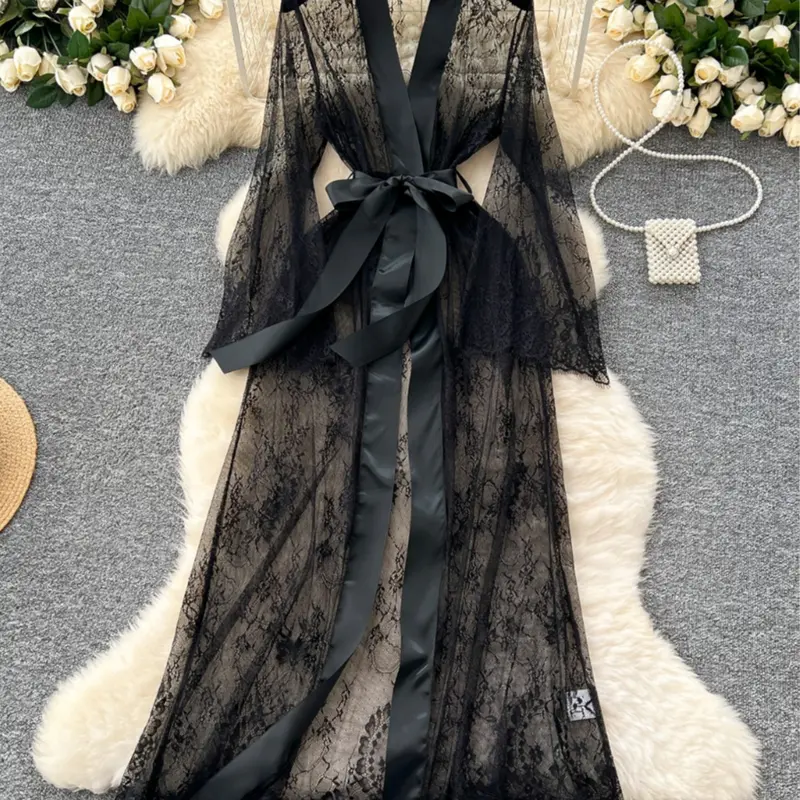 Women's bathrobe with belt, transparent sexy elegance lace lace robe see-through Sheer seductive pajamas sexy robe, everyday, Valentine's Day.sexy Feminine lingerie Loungewear Nightwear Long Sleeves Chic