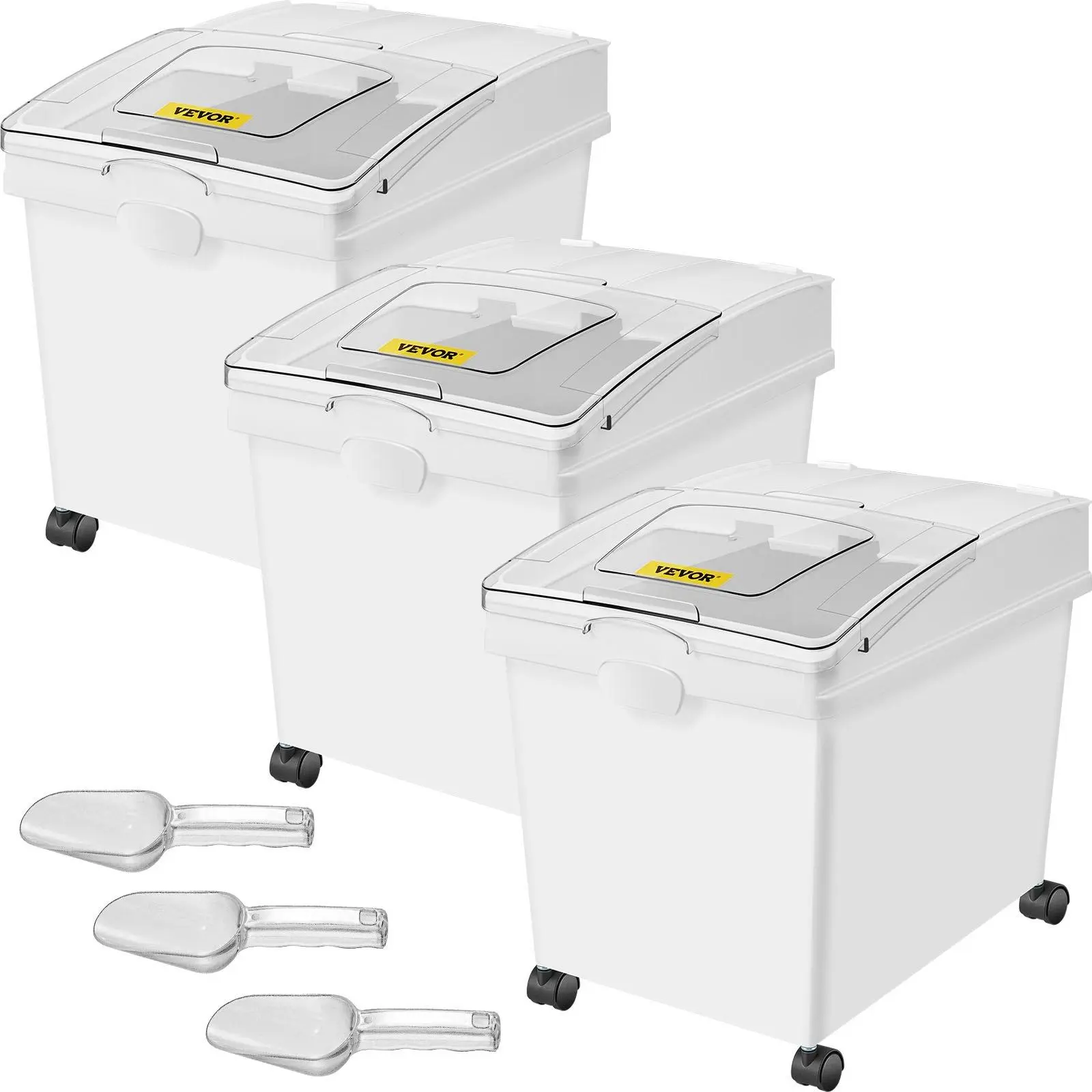 VEVOR Ingredient Bin, TikTokShopBlackFriday, 10.5 Gallons Capacity Ingredient Storage Bin, PP Material Flour Bins On Wheels, White Shelf Ingredient Bin with Scoop and Sliding Lid, Commercial Storage Bins 3 Pcs/Set
