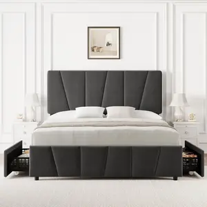 Dark Grey Queen Size Bed Frame with Adjustable Headboard, 2 Storage Drawers, Soft Upholstery, Wooden Slat Support, No Box Spring Required