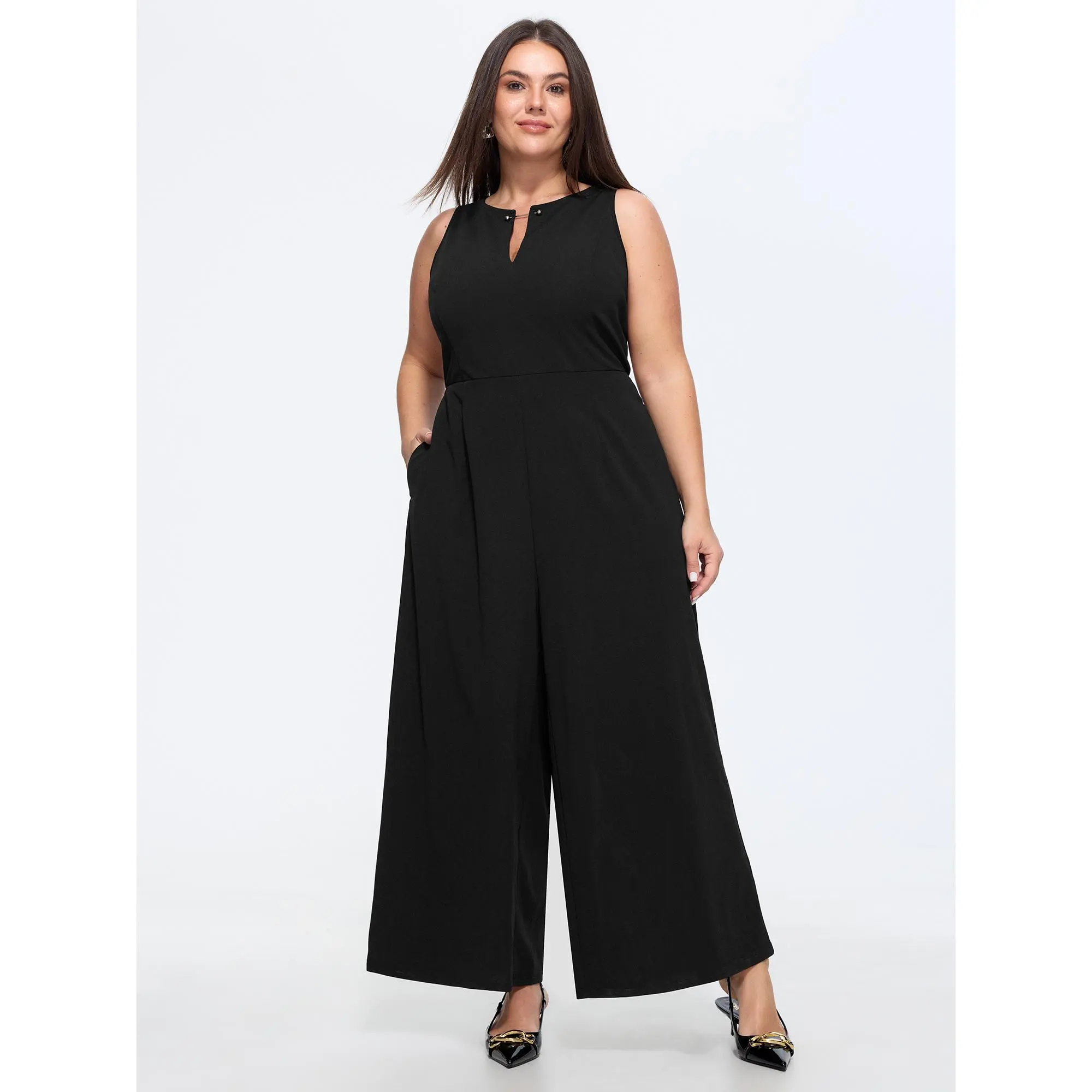 BloomChic Plus Size Solid Cold-Shoulder Split-Neck Office Jumpsuit with Pockets, Low Iron Business Garment for Women, Overalls, Polyester, Sleeveless, Fit, Spandex, Fabric, Plus Size Clothes, Office Work Clothes, Side Pockets, Spandex Mix