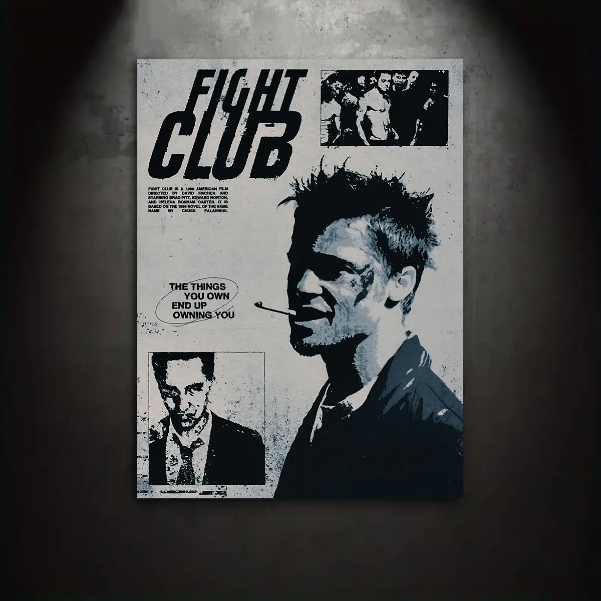 Fight Club retro grunge black-and-white classic movie poster, minimalist artwork, 2D flat-print canvas wall art poster, wall decoration for home and bedroom, masculine bedroom décor, perfect gift for young men’s bedroom & game room