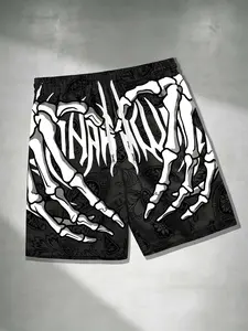 Men's Summer Fashion Casual Shorts, Beach Holiday Style, Skeleton Skull Hand Bone Print, Loose-Fitting All over Print, Trendy Men's Clothing, Casual Drawstring Shorts, Chic Casual Shorts