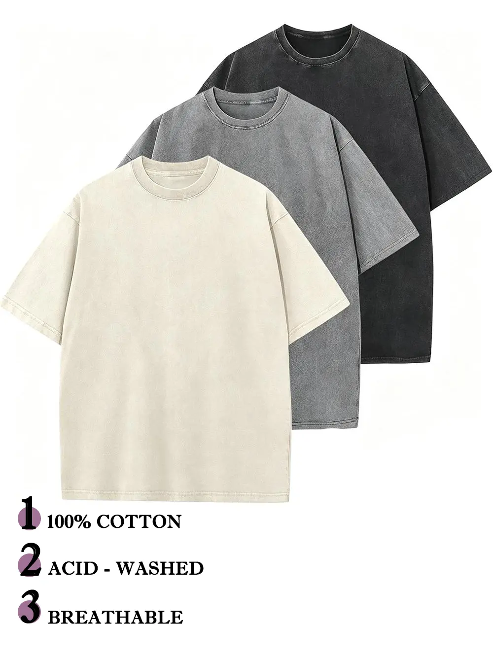 Women's Vintage T-Shirts, 3 Pack Oversized Mineral Wash Cotton Tops, Baggy Round Neck Short Sleeve Streetwear, Shortsleeve, Tshirt, Loose, Basics, Athletic, Chic, Casual, Minimalist