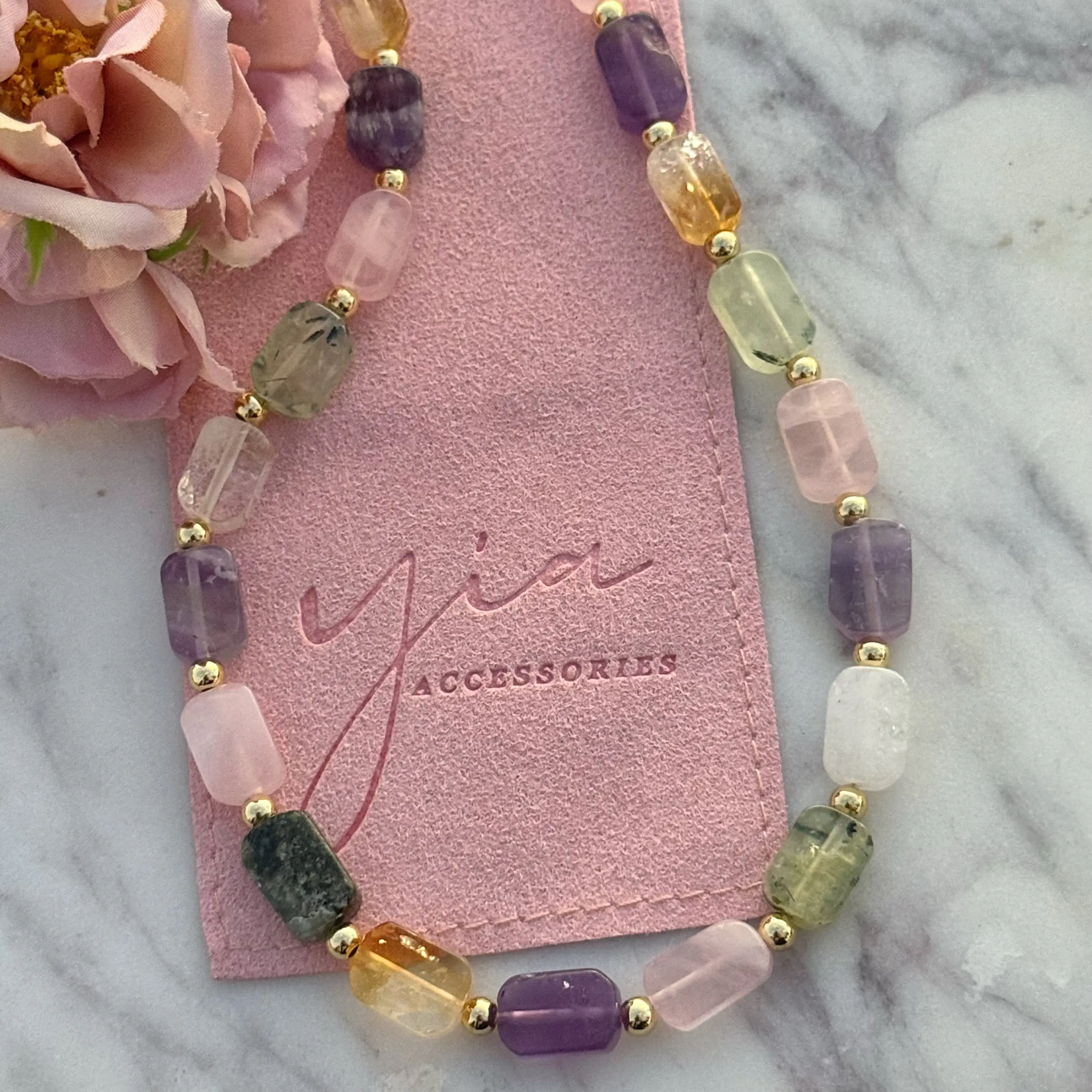 Divine Balance Gold Filled Healing Stone Beaded Pendant Necklace - Rose Quartz, Amethyst & Citrine Setting for Adults, Unconditional Love, Calmness, Clarity, Abundance, Creativity, 17-19in (17in + 2in Extension), Jewelry, Crystal, Heart Gemstone Necklace,