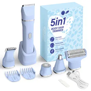 OMUCA 5-in-1 Electric Bikini Trimmer for Women – IPX7 Waterproof Shaver, Cordless Body & Facial Razors for Women, Ceramic Blades, USB-C Rechargeable, Painless Hair Removal Kit (Blue)