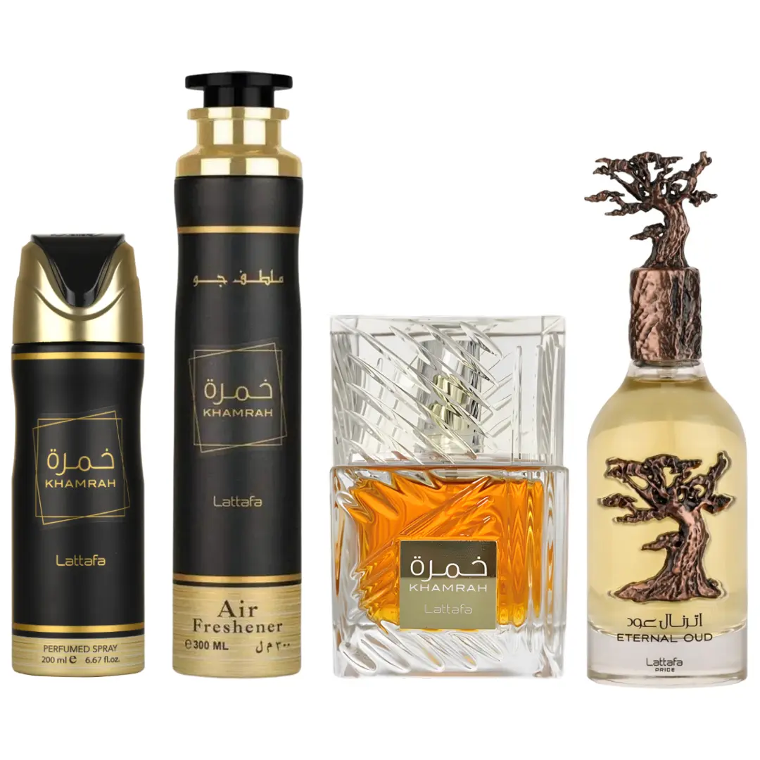 Lattafa 4-Piece Multi-Pack Aromatic Bundle Unisex Fragrance Set - Eternal Oud Perfume, Khamrah Perfume, Khamrah Deodorant, Vanilla & Woody Notes Aroma Air Freshener