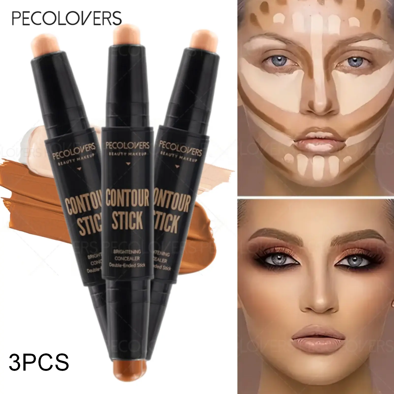 3pcs Dual-end Highlighter Concealer Stick Brightening Nose Concealer Repair Matte Concealer Pencil Corrector Skin Tone Pen Makeup Bronzer Stick Highlighters Makeup