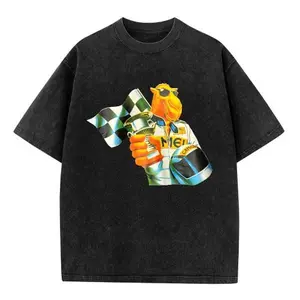 Washed retro racing Camel Joe graphic T-shirt with vintage checkered flag and trophy prints, unisex casual crew neck short-sleeve top featuring camel racer helmet print design, perfect for outdoor and street-style fashion looks