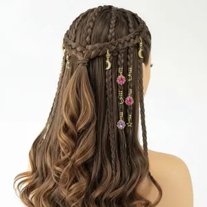Gold Hair Braid Charms Set Star Moon Gemstone Pendants for Music Festivals Beach Parties & Bohemian Style Fashion
