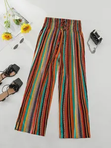 Boho Bohemian Style Vertical Striped High Waist Drawstring Wide Leg Pants Women, Womenswear Casual Slimming Drape Long Trousers for Vacation Spring