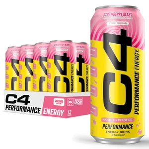 (A)C4 Energy Drink by Cellucor – Strawberry Blast, Zero Sugar, Carbonated Preworkout Performance Energy with 200mg Caffeine, 12 Pack of 16 oz Cans