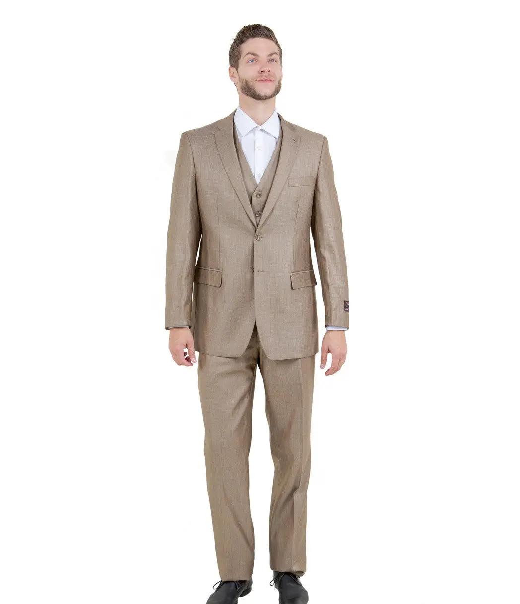 Textured 3-Piece Modern Fit Suit with Notch Lapel - Dark Tan