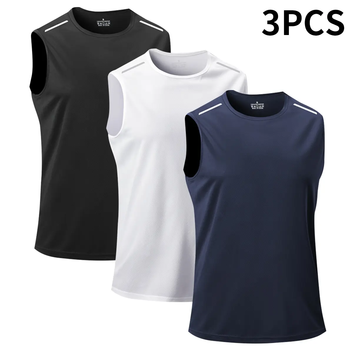 Men’s 3-Piece Solid Color Tank Top Set - Breathable, Quick-Dry, Lightweight Running Vest, Crew Neck Polyester Activewear Athletic, Gym Athletic Clothes, Gym Workout Wear, for Summer Fitness, Black/White/Dark Navy Sportswear, Solid Color Vest