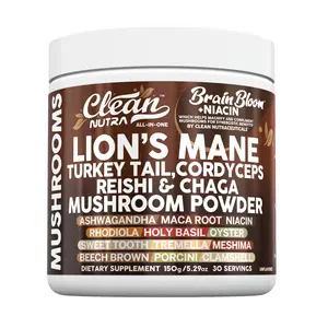 Clean Nutra Lion’s Mane, Turkey Tail, Cordyceps, Reishi & Chaga, Mushroom Powder for Cognitive & Wellness - BrainBloom