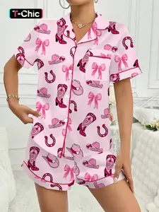 Women's Western Cowboy High Heel Sleepwear Loungewear Set, Comfortable Lapel Shirt & Pants Two-Piece Pajama Suit, Short Sleeve Shorts, Party Wear