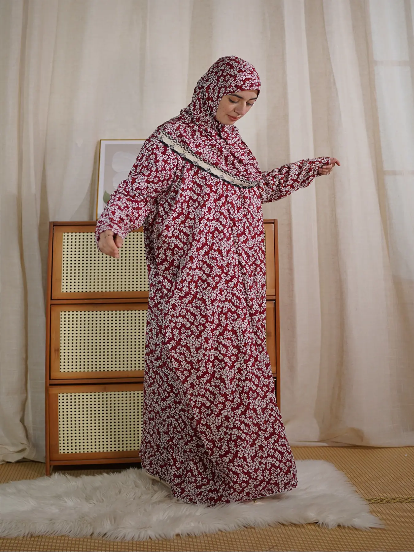 Somali Muslim Women's Lace Hat Soft Breathable Prayer Dress Muslim Dresses Fashion Print African Long Robe Dress Loose-Fitting Modest Style Islamic Clothing All Seasons Muslim Women Gowns