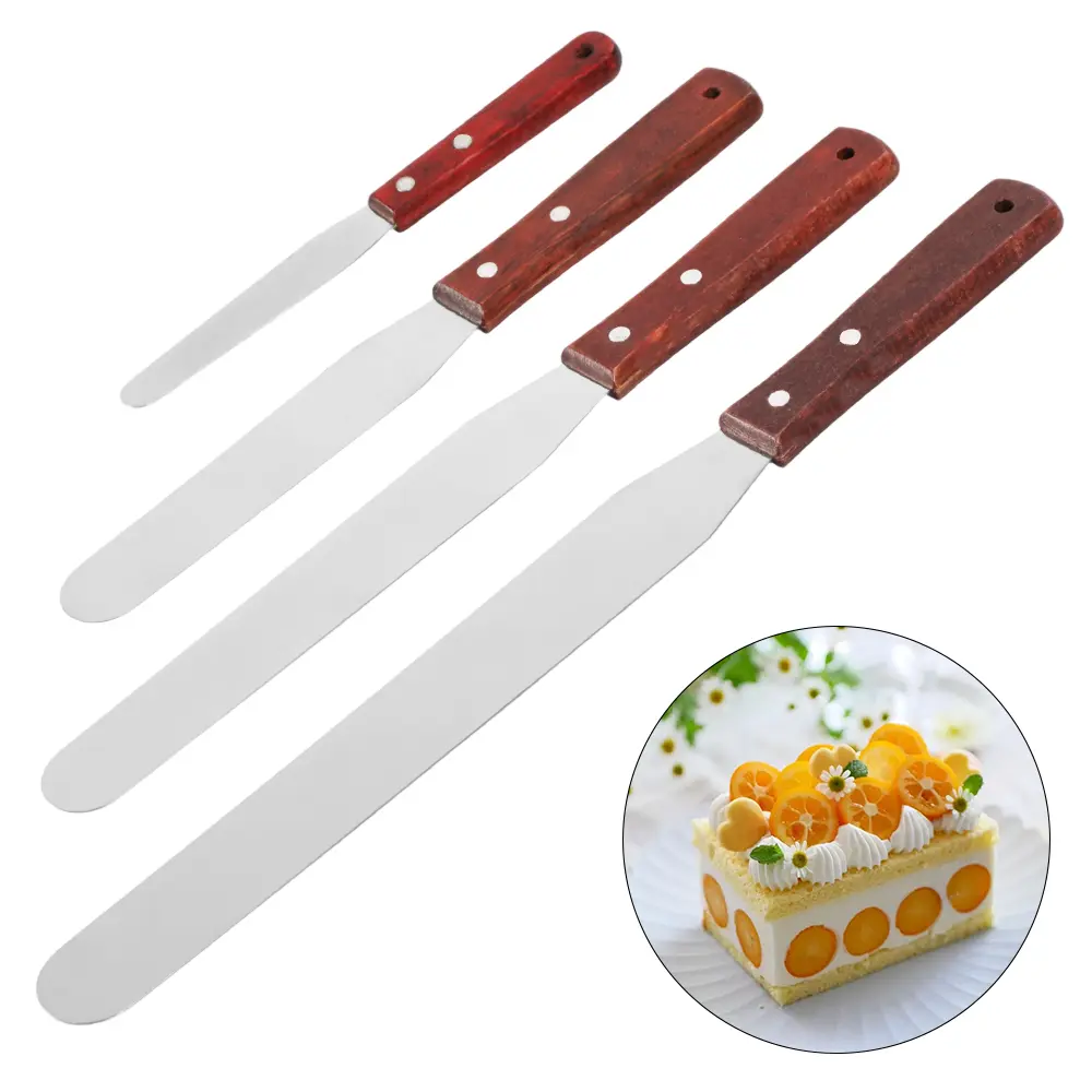 4PCS Stainless Steel Premium Cake Smoother Scraper - Non-Stick Flexible Flat Blade Icing Spatula for Smoothing Cream, Trimming, Decorating - Durable Steel+Wood Handles Camp Kitchen Baking Tool, Baker's Gift