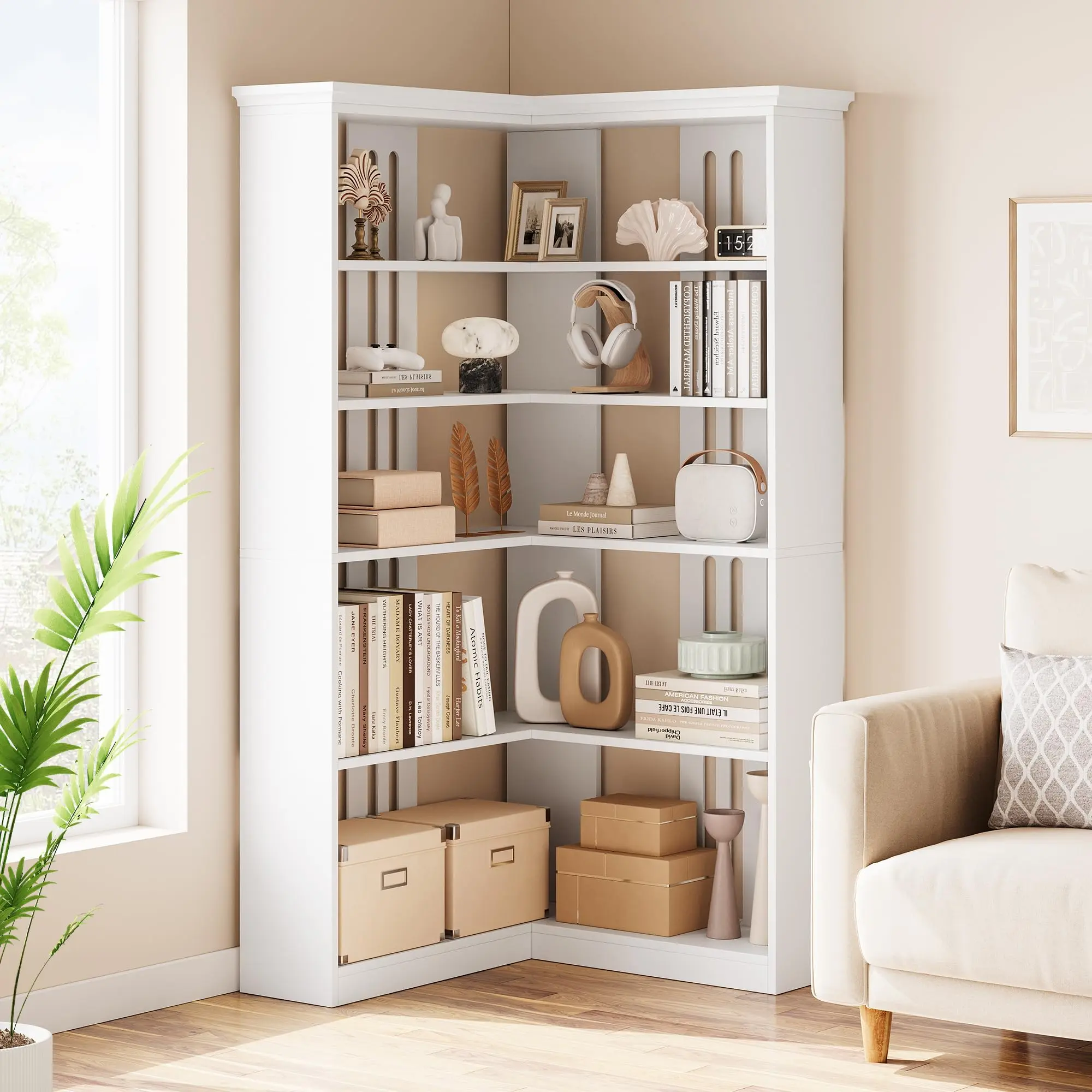 GARVEE Corner Bookshelf 72.8in Corner Bookcase L Shape Bookshelf 5 Tier Corner Shelf Large Bookshelves Storage Display Rack Living Room Bedroom