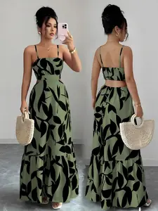 Women's Elegant Sleeveless Floral Print Waist-Cinch Midi Dress, Womenswear, Stylish Leaf Pattern, Perfect for Special Occasions, Comfortable & Chic Design, Bohemian Style, Bohemian Print Dresses