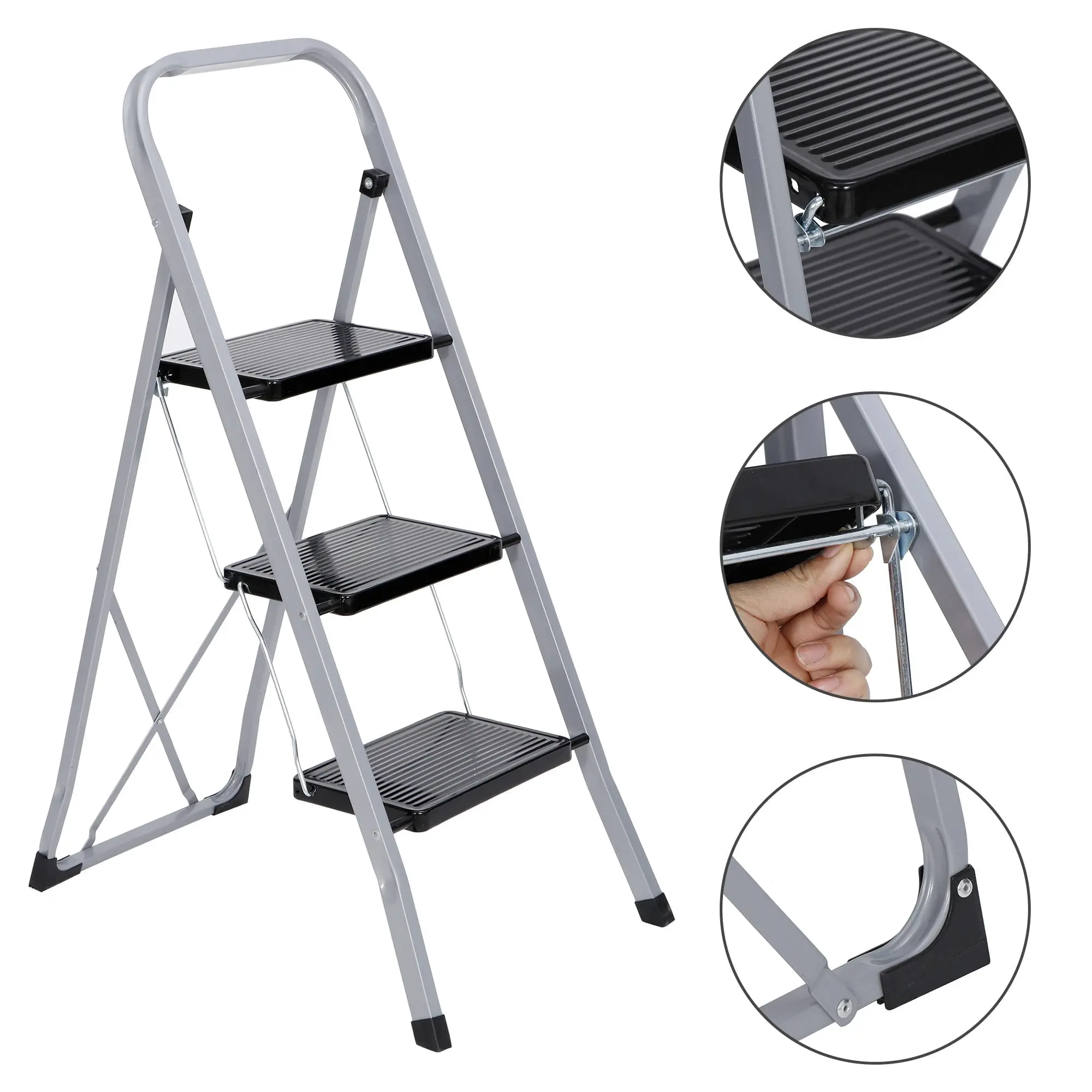 3-Step Portable Folding Steel Frame Home Ladder, Wide Anti-Slip Platform, Anti-Slip Grip, 330lbs Capacity, Compact Pack, Floor-Safe Design, Silver